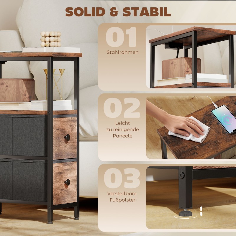 Sohvapöytä / yöpöytä latausasemalla, teräsrunko, 20 x 40 x 63 cm, rustiikin ruskea + musta