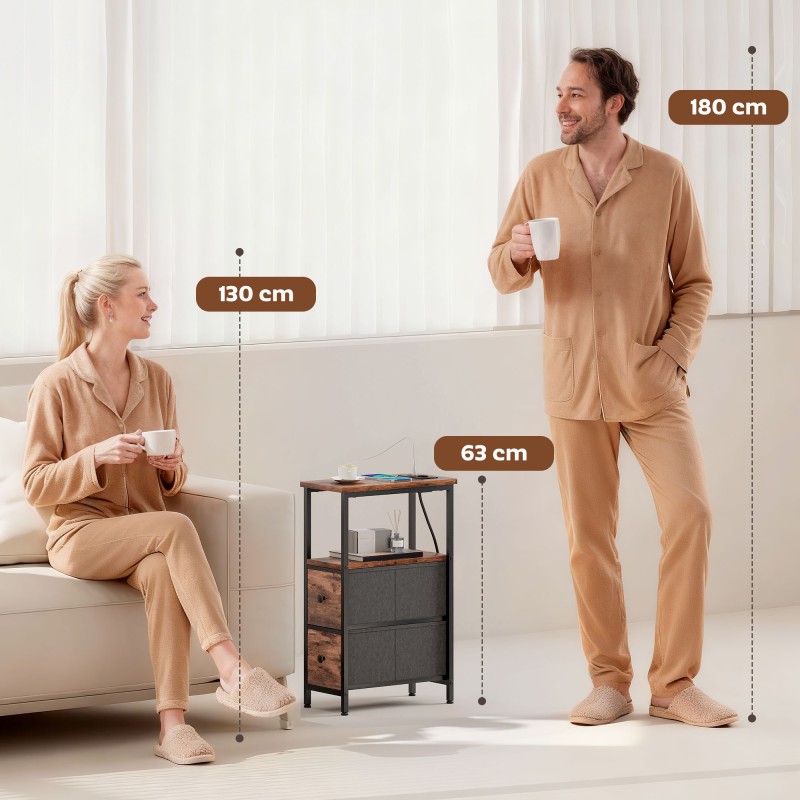 Sohvapöytä / yöpöytä latausasemalla, teräsrunko, 20 x 40 x 63 cm, rustiikin ruskea + musta