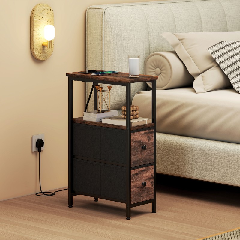 Sohvapöytä / yöpöytä latausasemalla, teräsrunko, 20 x 40 x 63 cm, rustiikin ruskea + musta