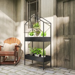 Kaksitasoinen talonmuotoinen kasviteline, metallia 75 x 35 x 150 cm, musta