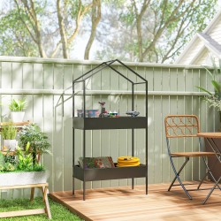 Kaksitasoinen talonmuotoinen kasviteline, metallia 75 x 35 x 150 cm, musta