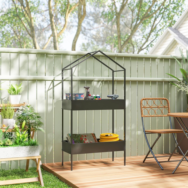 Kaksitasoinen talonmuotoinen kasviteline, metallia 75 x 35 x 150 cm, musta