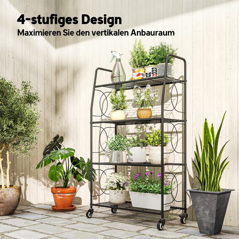 Metallinen kasviteline 4 tasoa pyörillä 67 x 29 x 114 cm, musta