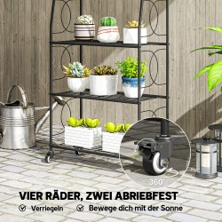 Metallinen kasviteline 4 tasoa pyörillä 67 x 29 x 114 cm, musta