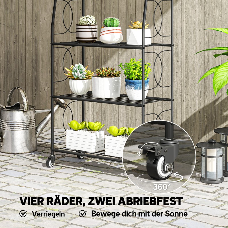 Metallinen kasviteline 4 tasoa pyörillä 67 x 29 x 114 cm, musta