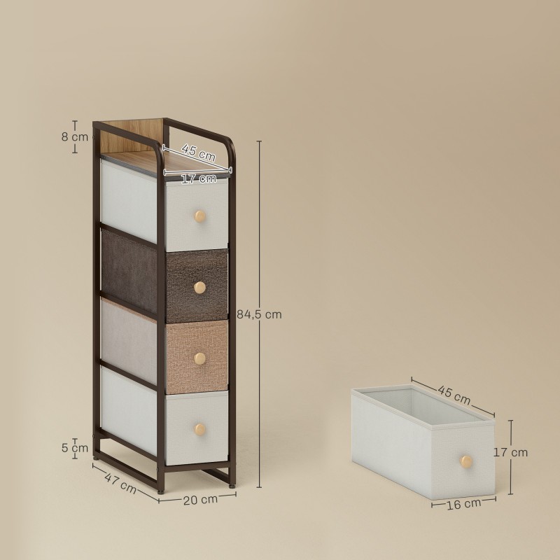 Kapea säilytyskaappi 4 kangaslaatikolla teräsrungolla 20 x 47 x 84,5 cm monivärinen