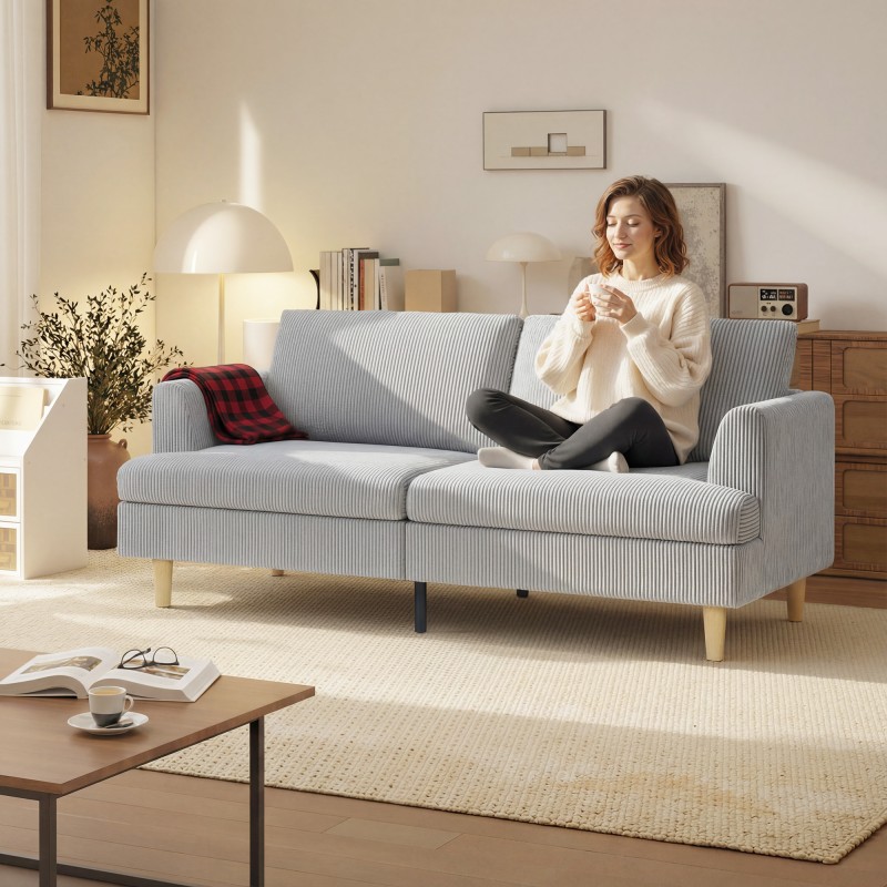 3-istuttava sohva olohuoneeseen, cord-tyylinen kangas, 188 cm, vaaleanharmaa