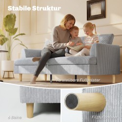 3-istuttava sohva olohuoneeseen, cord-tyylinen kangas, 188 cm, vaaleanharmaa