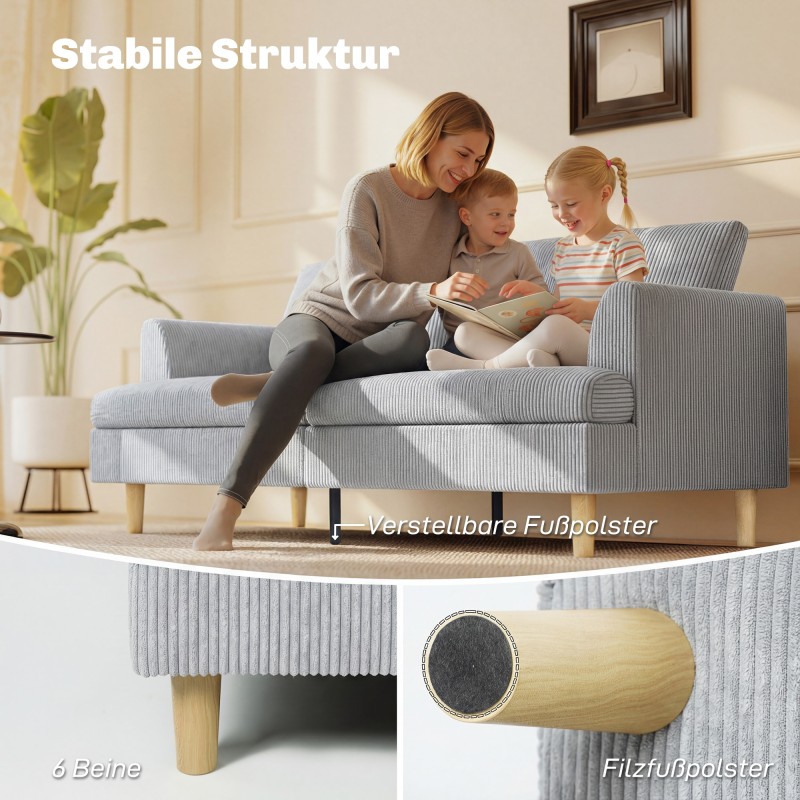 3-istuttava sohva olohuoneeseen, cord-tyylinen kangas, 188 cm, vaaleanharmaa