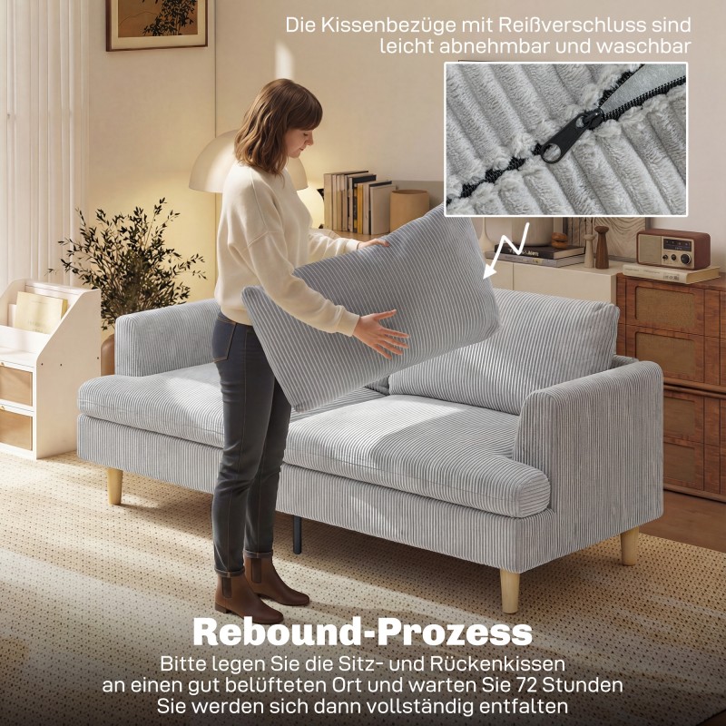 3-istuttava sohva olohuoneeseen, cord-tyylinen kangas, 188 cm, vaaleanharmaa