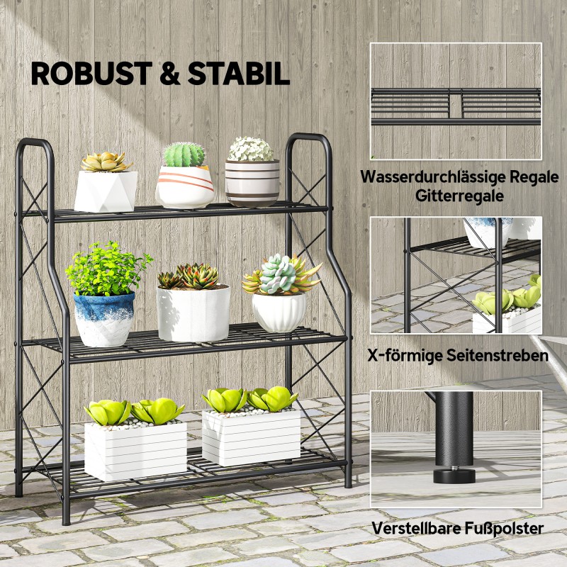 Metallinen 3-tasoinen kukkateline / kasviteline, 78 cm korkea, musta