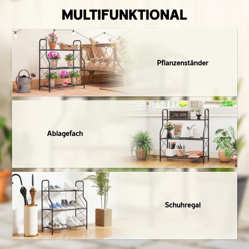 Metallinen 3-tasoinen kukkateline / kasviteline, 78 cm korkea, musta