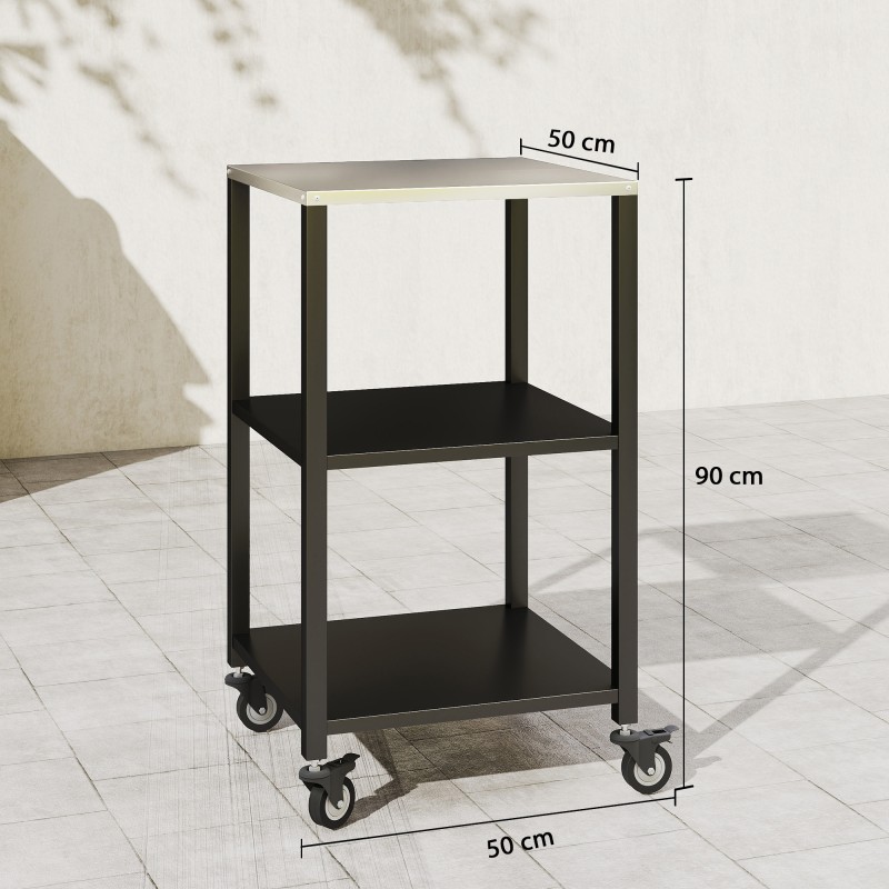Grillipöytä / tarjoiluvaunu ulkokäyttöön, ruostumaton teräs ja metalli, 3 tasoa, 50 x 50 x 90 cm, musta