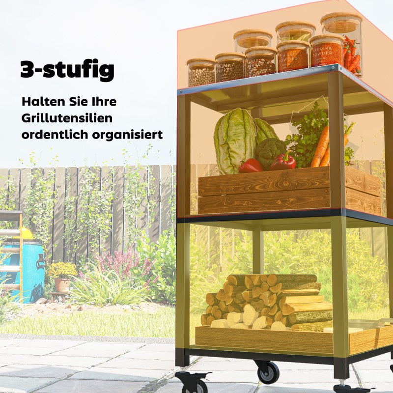 Grillipöytä / tarjoiluvaunu ulkokäyttöön, ruostumaton teräs ja metalli, 3 tasoa, 50 x 50 x 90 cm, musta