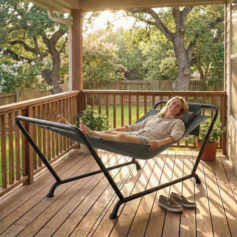 Riippusänky jalustalla ulko- ja sisäkäyttöön, metalli/polyesteri, 237 x 90 cm, tummanharmaa/musta, 150 kg