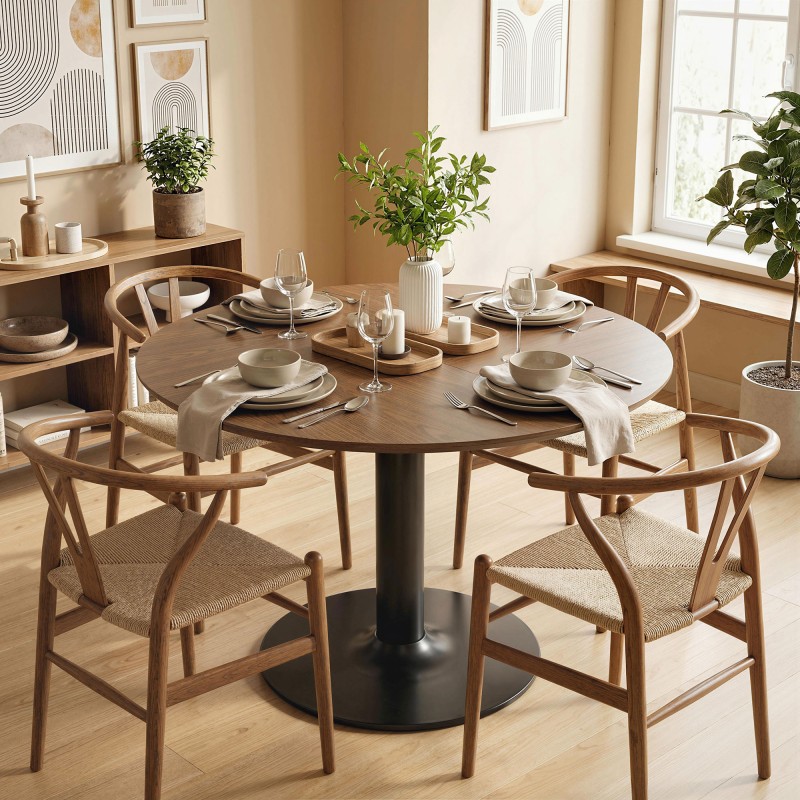 Pyöreä ruokapöytä 6 hengelle, MDF/teräs, Ø110 x 78 cm, ruskea puukuviollinen