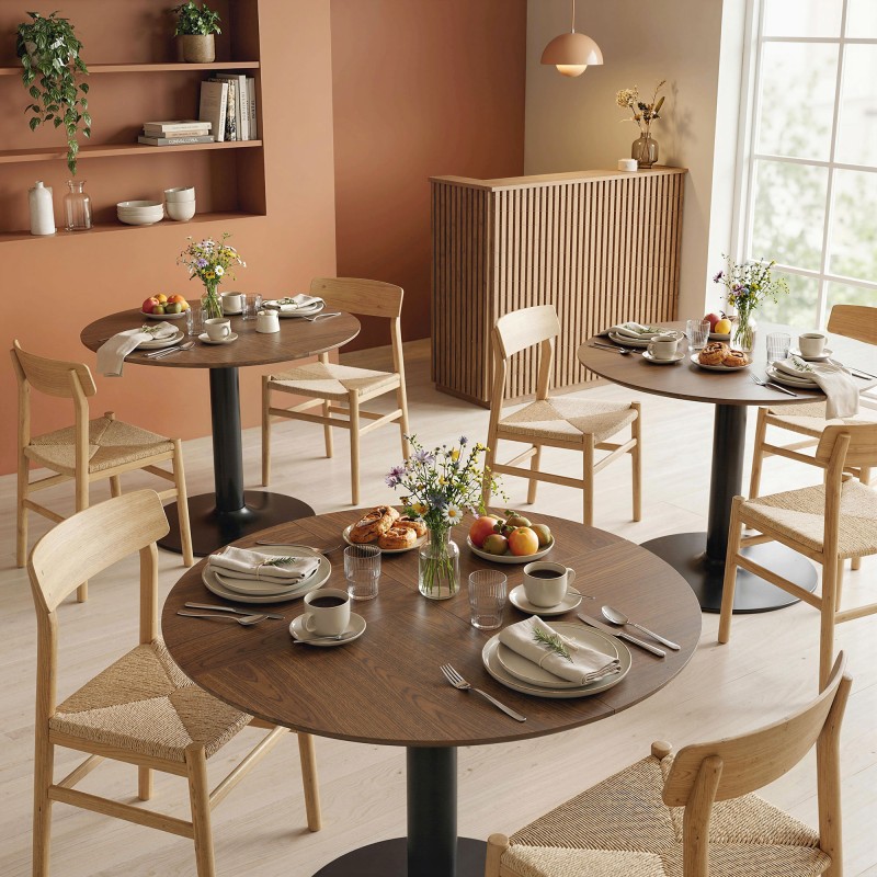 Pyöreä ruokapöytä 6 hengelle, MDF/teräs, Ø110 x 78 cm, ruskea puukuviollinen