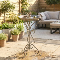 Lintukylpy jalustalla, metallinen puutarha-allas lintufiguurilla 48 x 42 x 75 cm, vihreä