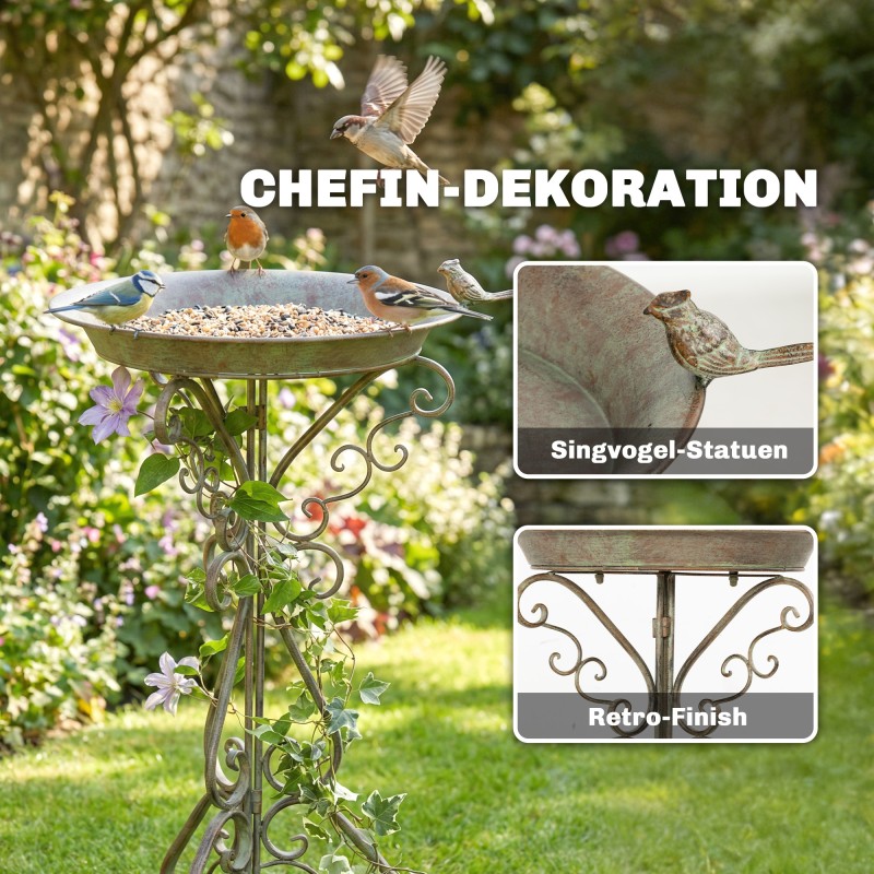 Lintukylpy jalustalla, metallinen puutarha-allas lintufiguurilla 48 x 42 x 75 cm, vihreä