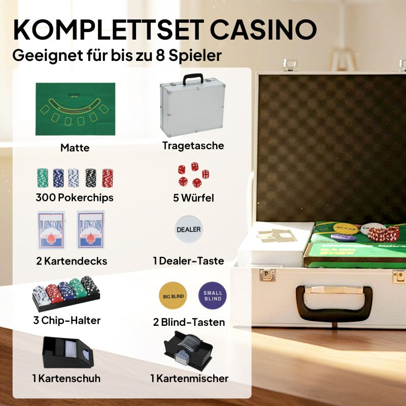 Pokerisetti 300 pelimerkillä, 2 korttipakkaa, nopat, pelimatto ja salkku, jopa 8 pelaajalle