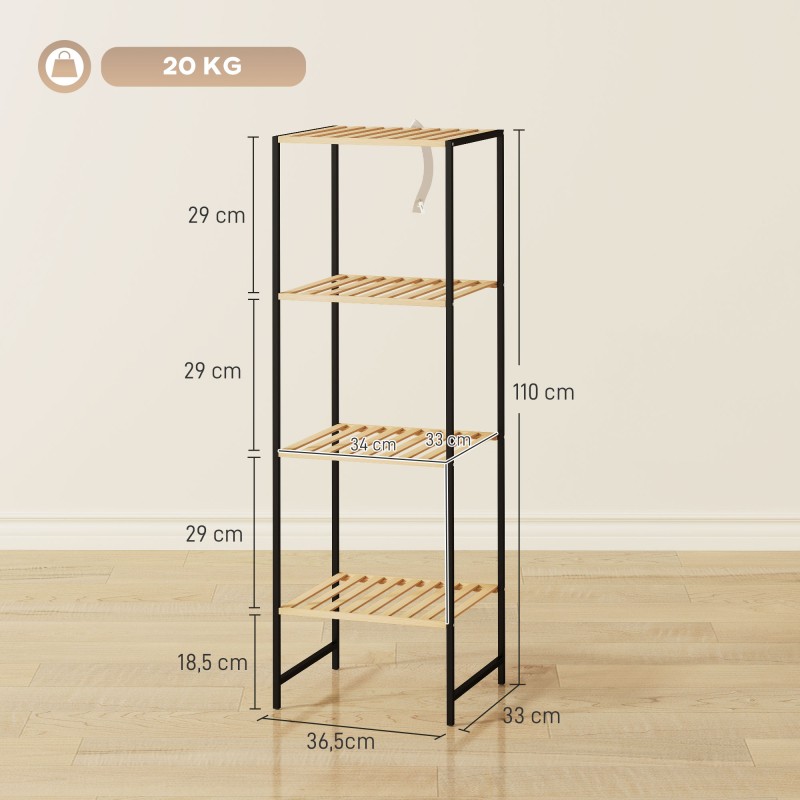 Kylpyhuoneen hylly bambua ja terästä, 4-tasoinen seisova hylly, 36,5 x 33 x 110 cm, musta/natur