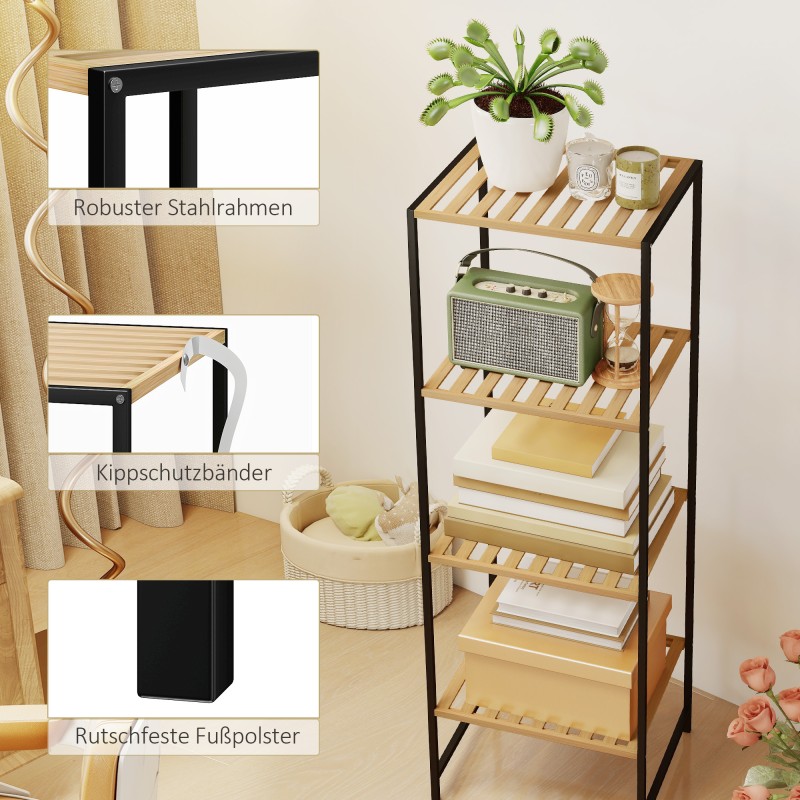 Kylpyhuoneen hylly bambua ja terästä, 4-tasoinen seisova hylly, 36,5 x 33 x 110 cm, musta/natur