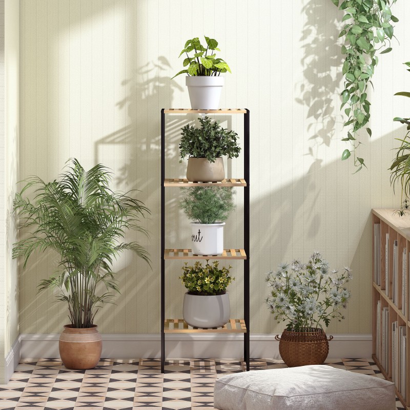 Kylpyhuoneen hylly bambua ja terästä, 4-tasoinen seisova hylly, 36,5 x 33 x 110 cm, musta/natur