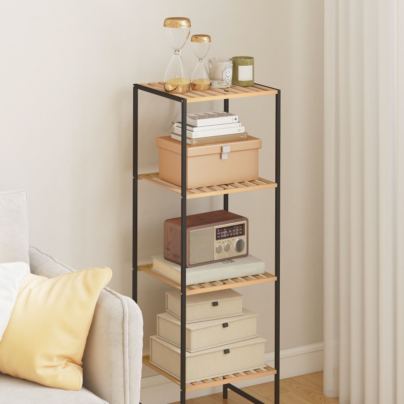 Kylpyhuoneen hylly bambua ja terästä, 4-tasoinen seisova hylly, 36,5 x 33 x 110 cm, musta/natur