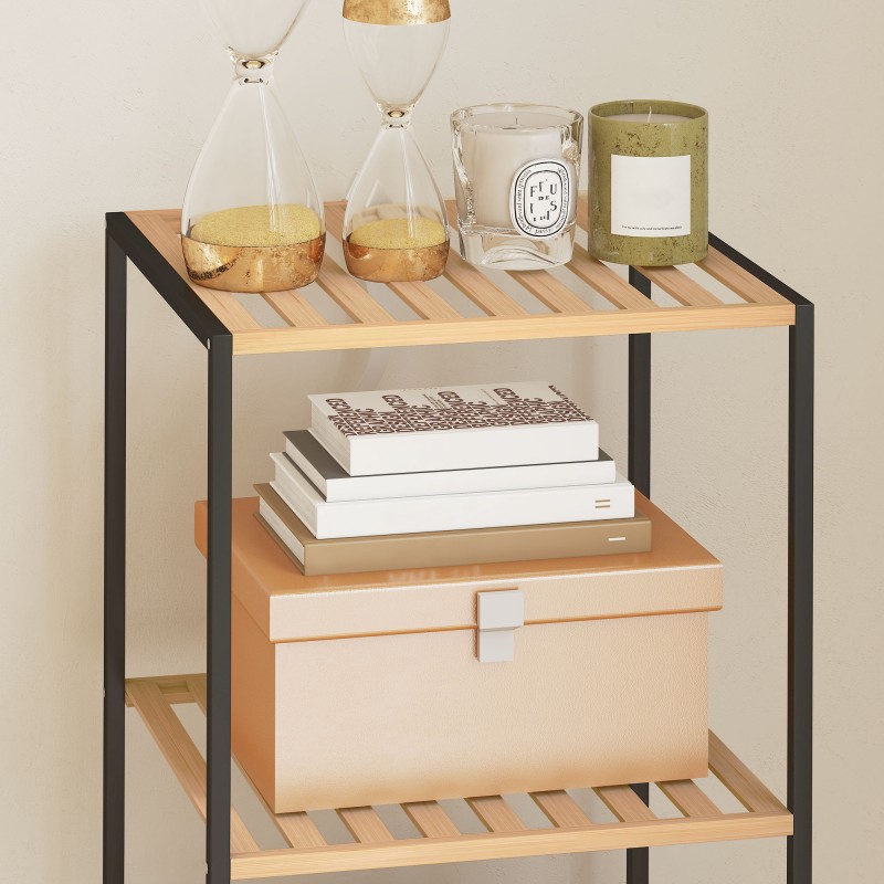 Kylpyhuoneen hylly bambua ja terästä, 4-tasoinen seisova hylly, 36,5 x 33 x 110 cm, musta/natur