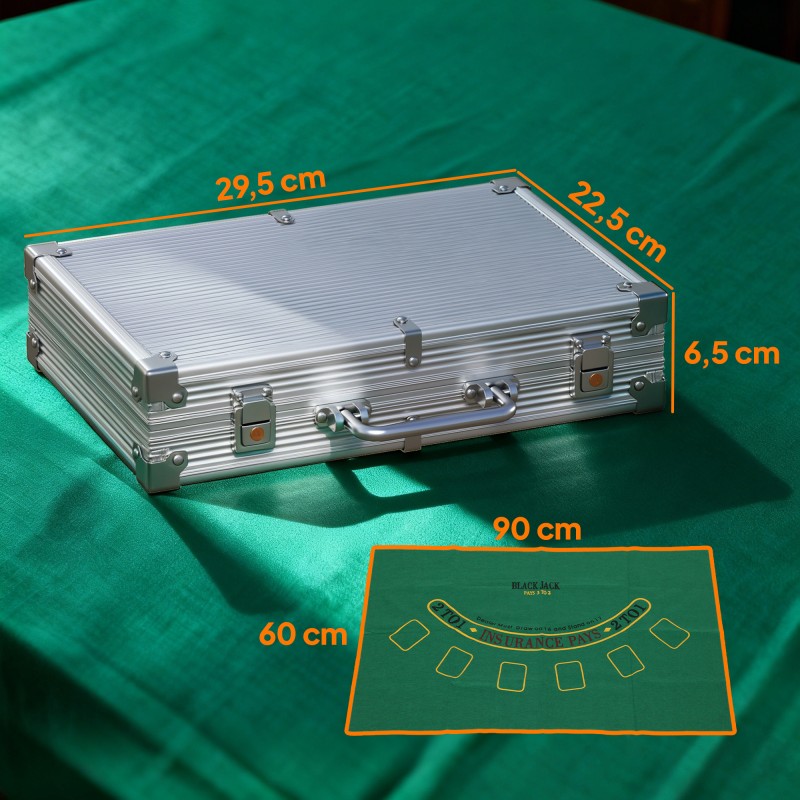 Pokerisetti salkussa 200 savichipillä, 2 korttipakkaa, nopat ja blackjack-matto, hopea