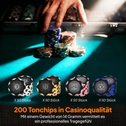 Pokerisetti salkussa 200 savichipillä, 2 korttipakkaa, nopat ja blackjack-matto, hopea