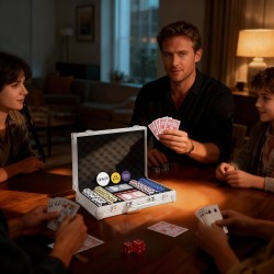 Pokerisetti salkussa 200 savichipillä, 2 korttipakkaa, nopat ja blackjack-matto, hopea