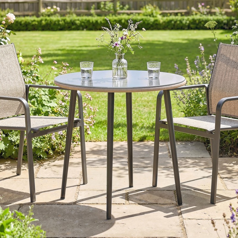 Ulkopöytä 4 hengelle teräsrunko karkaistu lasi polyrottinki 80 x 80 x 74 cm harmaa vaaleanruskea