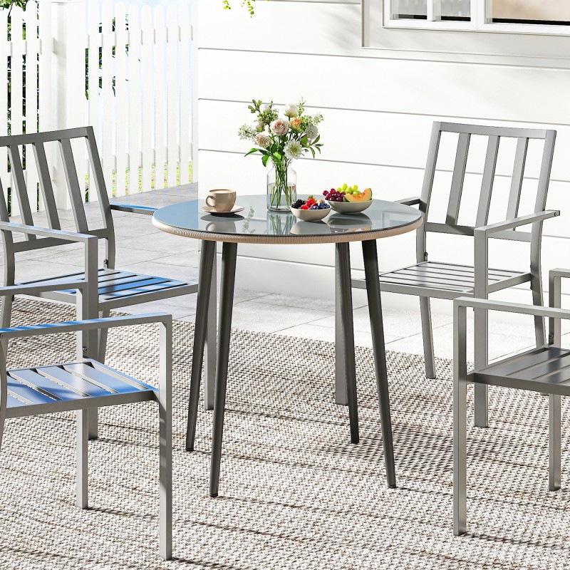 Ulkopöytä 4 hengelle teräsrunko karkaistu lasi polyrottinki 80 x 80 x 74 cm harmaa vaaleanruskea