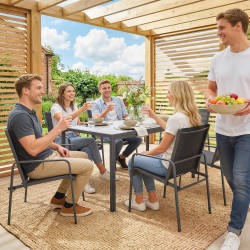 Puuterassikalusto ulkoruokailuryhmä 7 osaa teräsrunko 150 x 80 cm pöytä + 6 hengittävää tuolia musta harmaa