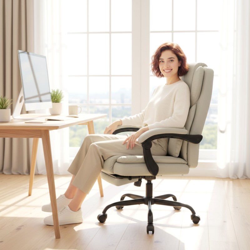 Työtuoli lemmikkiystävällinen keinonahka, jalkatuki, kallistuva ja korkeussäädettävä, beige