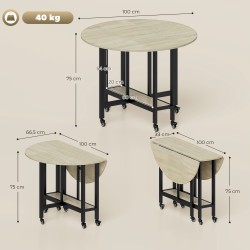 Taitettava keittiö- ja ruokapöytä pyörillä, avohylly, lastulevy ja teräs, 100 x 100 x 75 cm, luonnonpuu