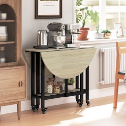 Taitettava keittiö- ja ruokapöytä pyörillä, avohylly, lastulevy ja teräs, 100 x 100 x 75 cm, luonnonpuu