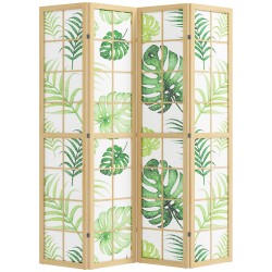 Tilanjakaja boho tyyli 4 osainen taitettava mäntypuurunko 170 x 160 cm vihreä trooppinen kuvio