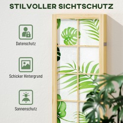 Tilanjakaja boho-tyyli, 4-osainen, taitettava, mäntypuurunko, 170 x 160 cm, vihreä trooppinen kuvio