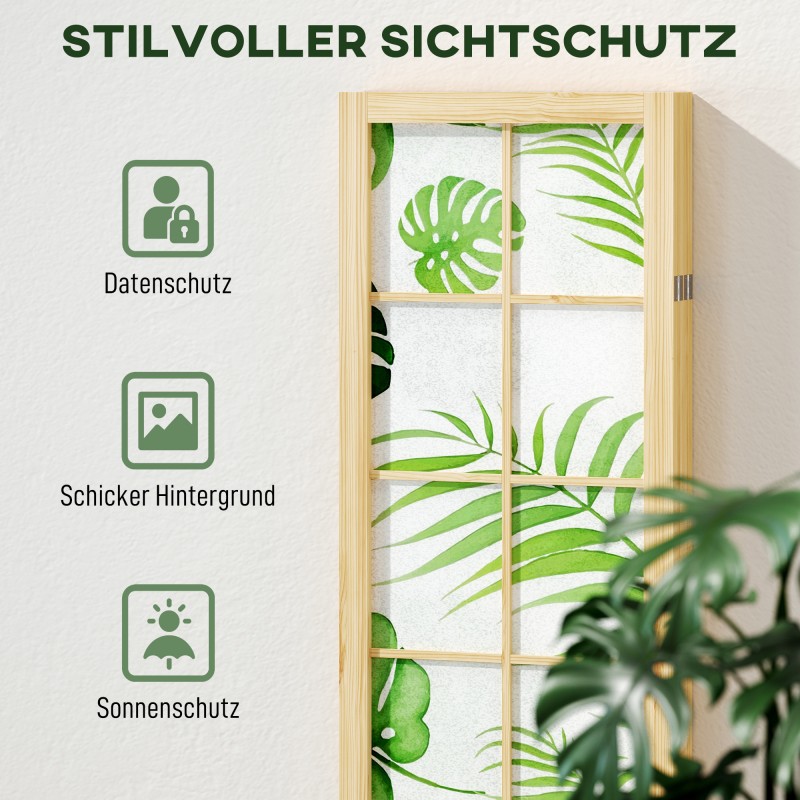 Tilanjakaja boho-tyyli, 4-osainen, taitettava, mäntypuurunko, 170 x 160 cm, vihreä trooppinen kuvio