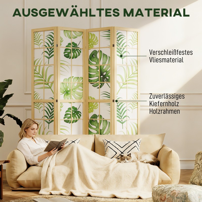 Tilanjakaja boho-tyyli, 4-osainen, taitettava, mäntypuurunko, 170 x 160 cm, vihreä trooppinen kuvio