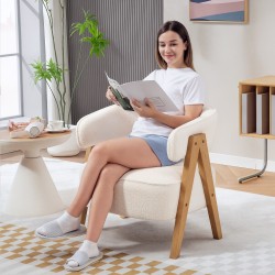 Nojatuoli olohuoneeseen, pehmustettu fleece-verhoilu, puujalat ja metallirunko, valkoinen