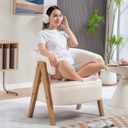 Nojatuoli olohuoneeseen, pehmustettu fleece-verhoilu, puujalat ja metallirunko, valkoinen