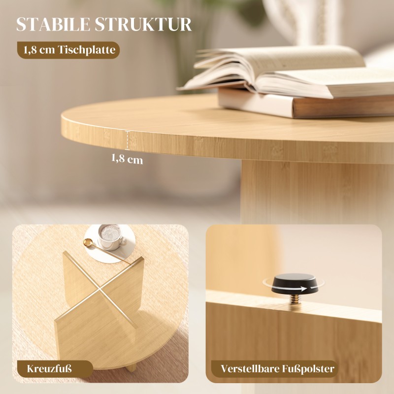 Pyöreä bambu sohvapöytä ristijalka, 66 x 66 x 45 cm, naturaalipuu