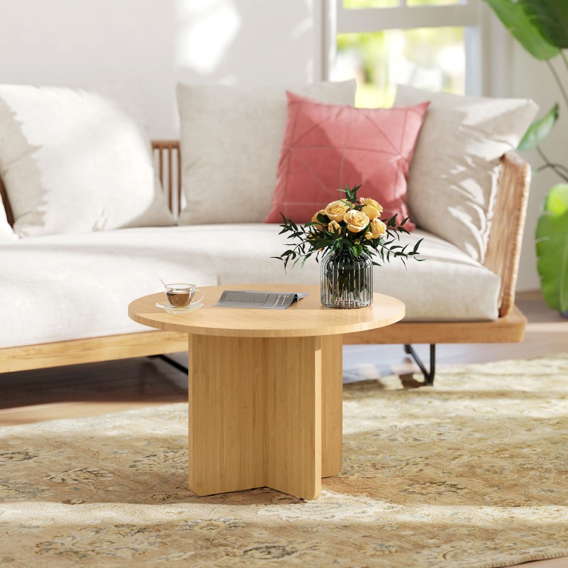 Pyöreä bambu sohvapöytä ristijalka, 66 x 66 x 45 cm, naturaalipuu