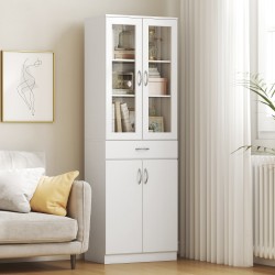 Keittiön korkea kaappi lasiovella ja laatikolla, lastulevy/MDF, 60 x 35 x 180 cm, valkoinen