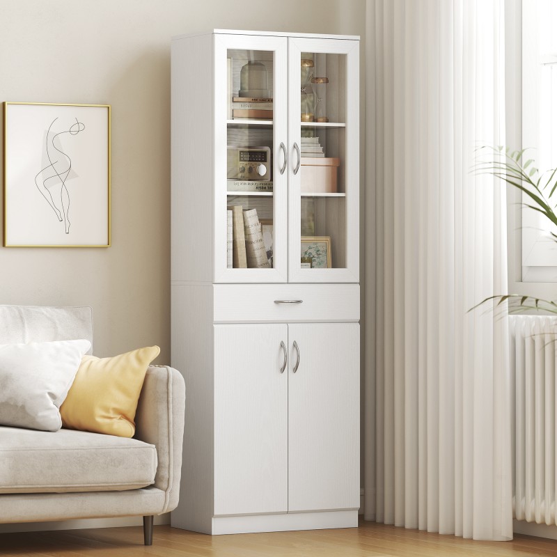 Keittiön korkea kaappi lasiovella ja laatikolla, lastulevy/MDF, 60 x 35 x 180 cm, valkoinen
