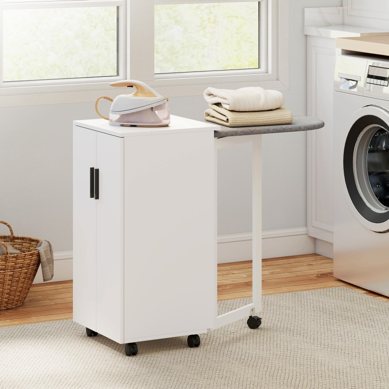 Silityskaappi 2-in-1 pieniin tiloihin, taitettava silityslauta ja säädettävä hylly, valkoinen