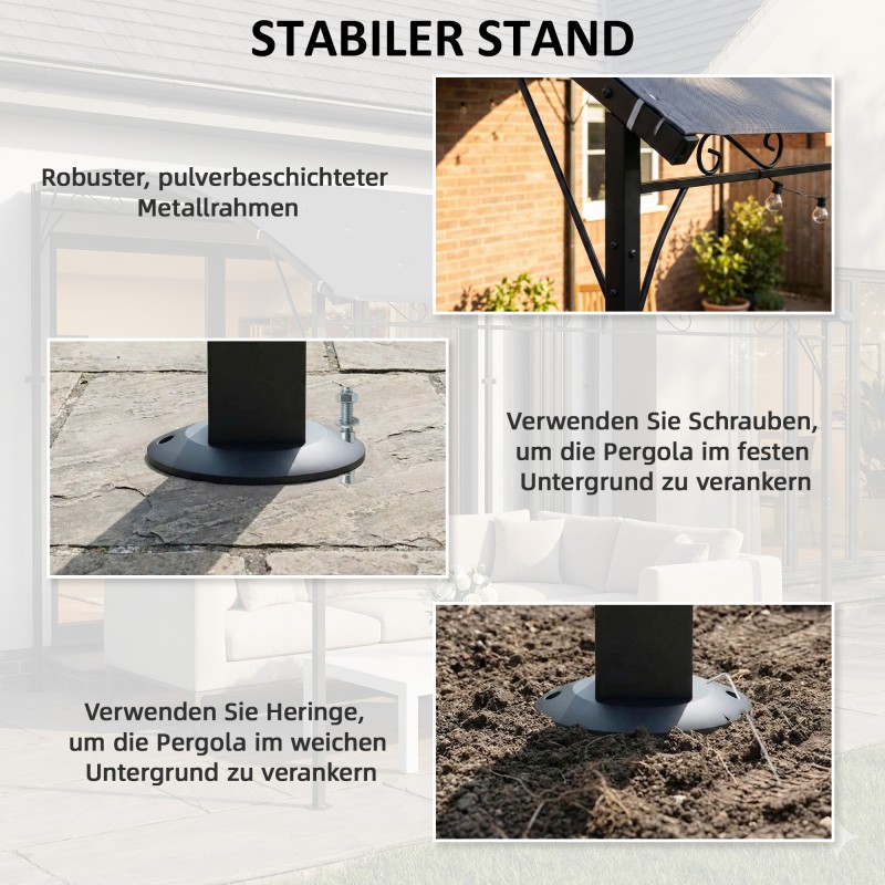 Seinään kiinnitettävä terassikatos, metallirunko, vedenpitävä polyesterikangas, 286 x 384 x 252 cm, harmaa